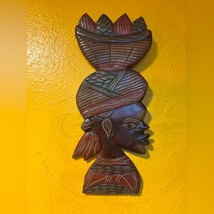 Vtg African Wooden Tribal Vigilant Woman Fruit Basket Hand Craft Wall Art 6"x15”